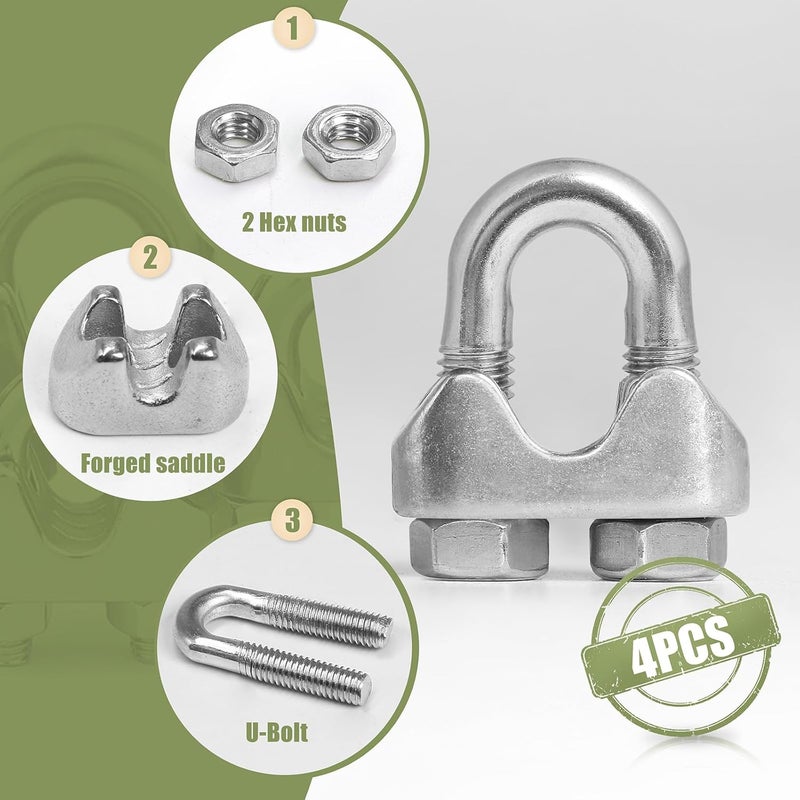Jamiikury 4pcs M5 Wire Rope Clamp, 3/16 inch Cable Clamps Stainless Steel Wire Rope Clips - Image 3